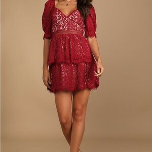 Lulus Unlock My Love Wine Red Lace Tiered Short Sleeve Mini Dress